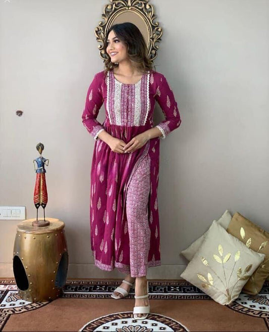Dark Pink Naira Cut Embroidered and Printed Rayon Kurti with Pant Set Kurti with Pant Shopin Di Apparels
