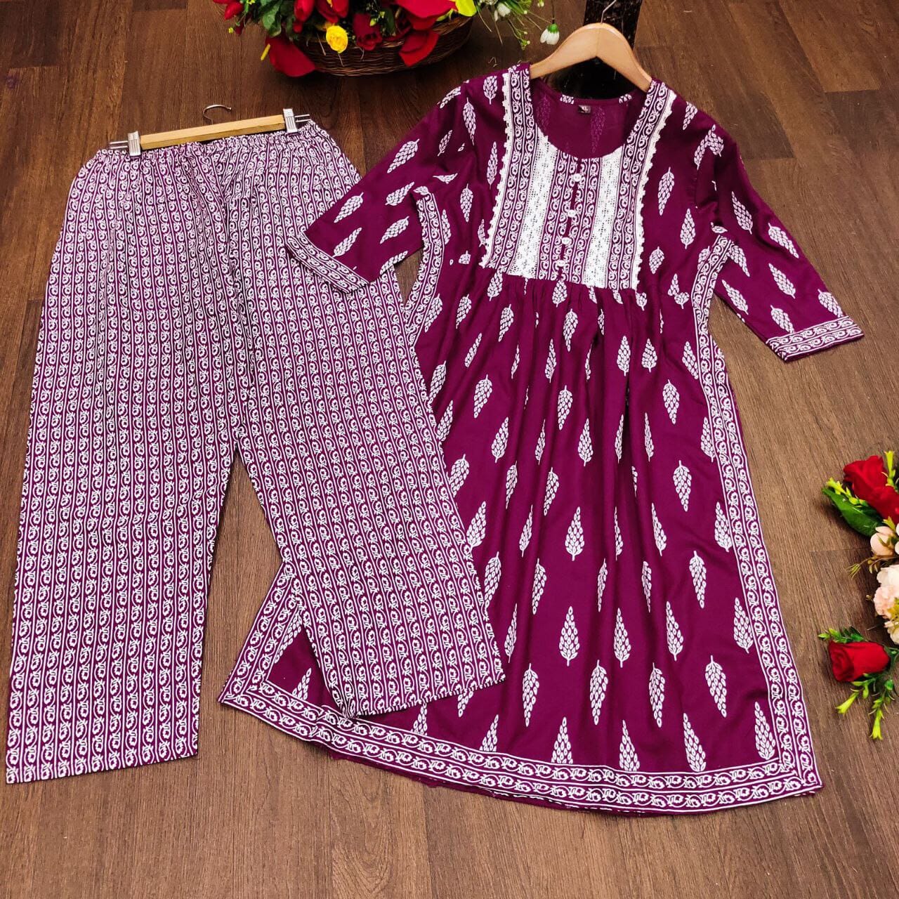 Dark Pink Naira Cut Embroidered and Printed Rayon Kurti with Pant Set Kurti with Pant Shopin Di Apparels