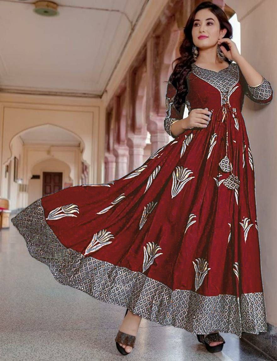 Designer Flaired Gown with foil print in 10 colors Gowns Shopindiapparels.com