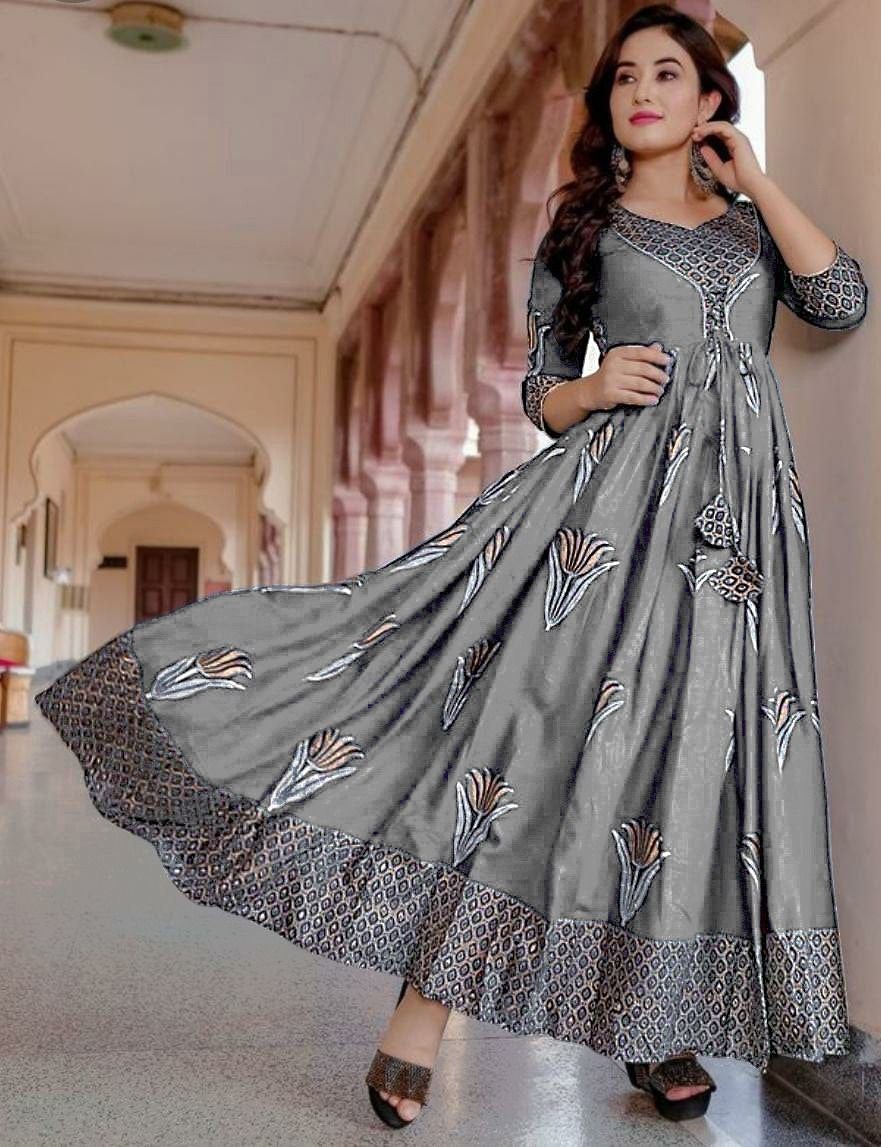 Designer Flaired Gown with foil print in 10 colors Gowns Shopindiapparels.com