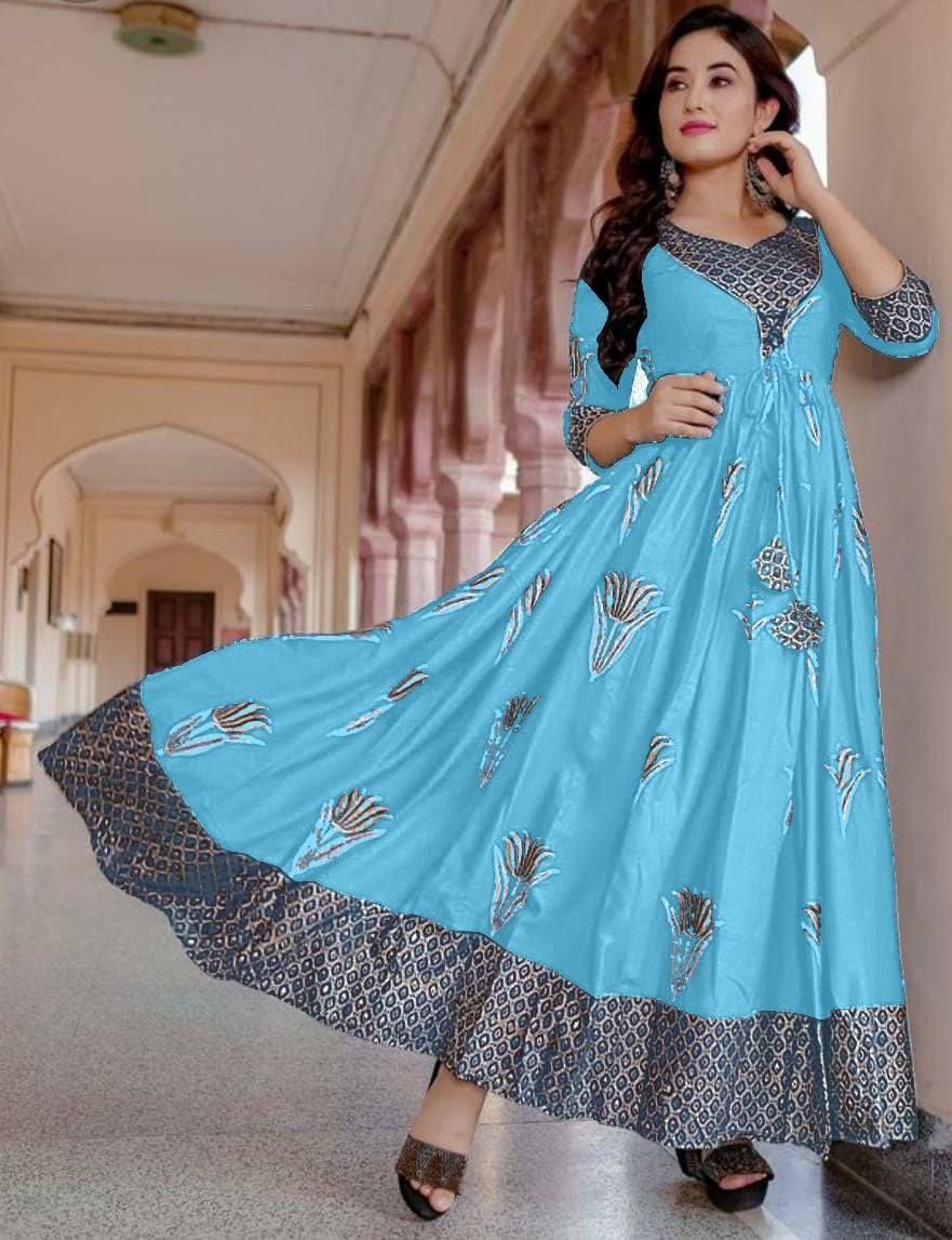 Designer Flaired Gown with foil print in 10 colors Gowns Shopindiapparels.com