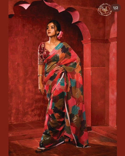 Designer Georgette Multi Colour Sequence Saree Designer Saree Shopin Di Apparels