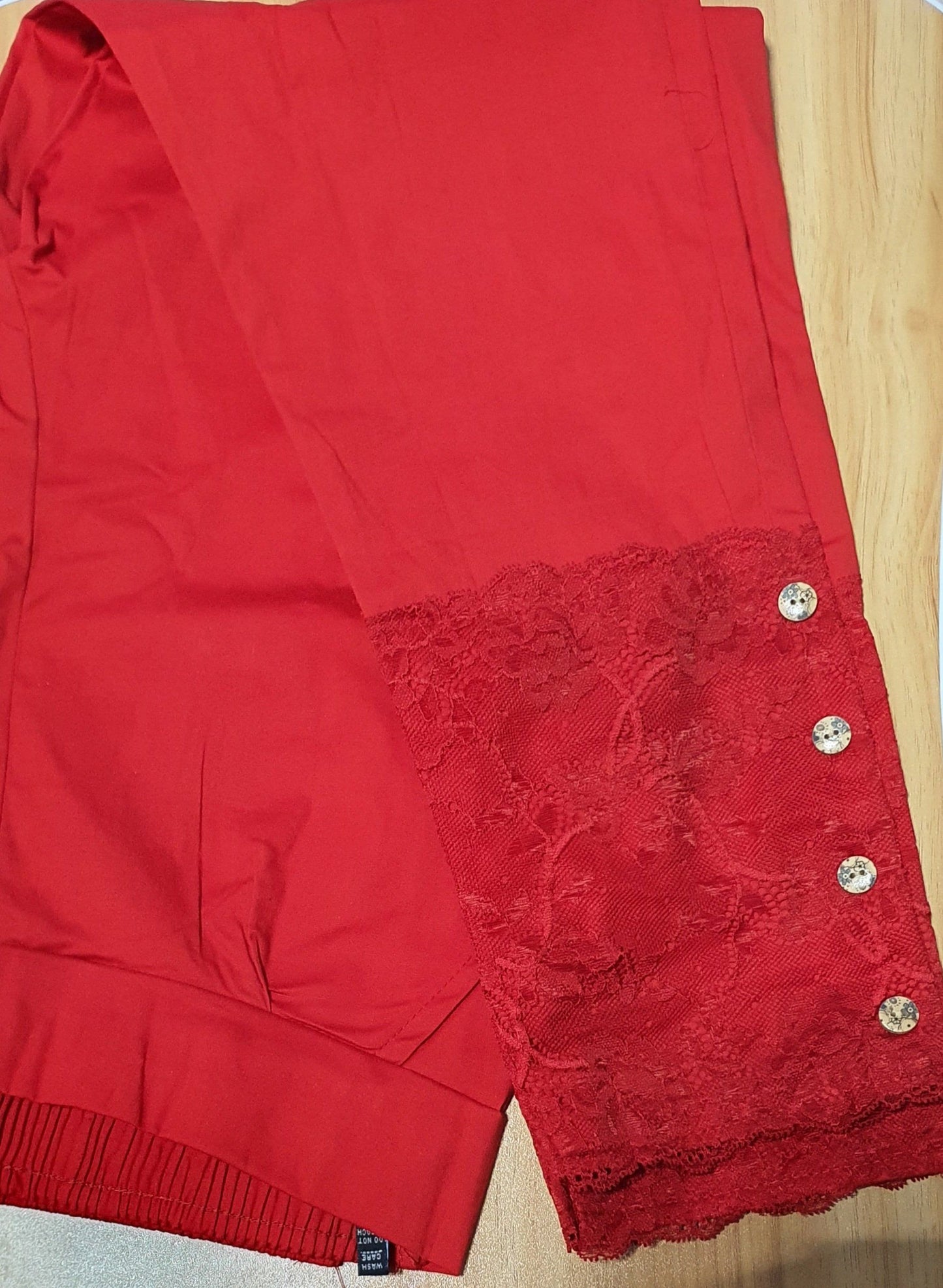 Designer Lace Cotton Lycra Pants in 5 colors Cotton Lycra Pants Shopindiapparels.com Red