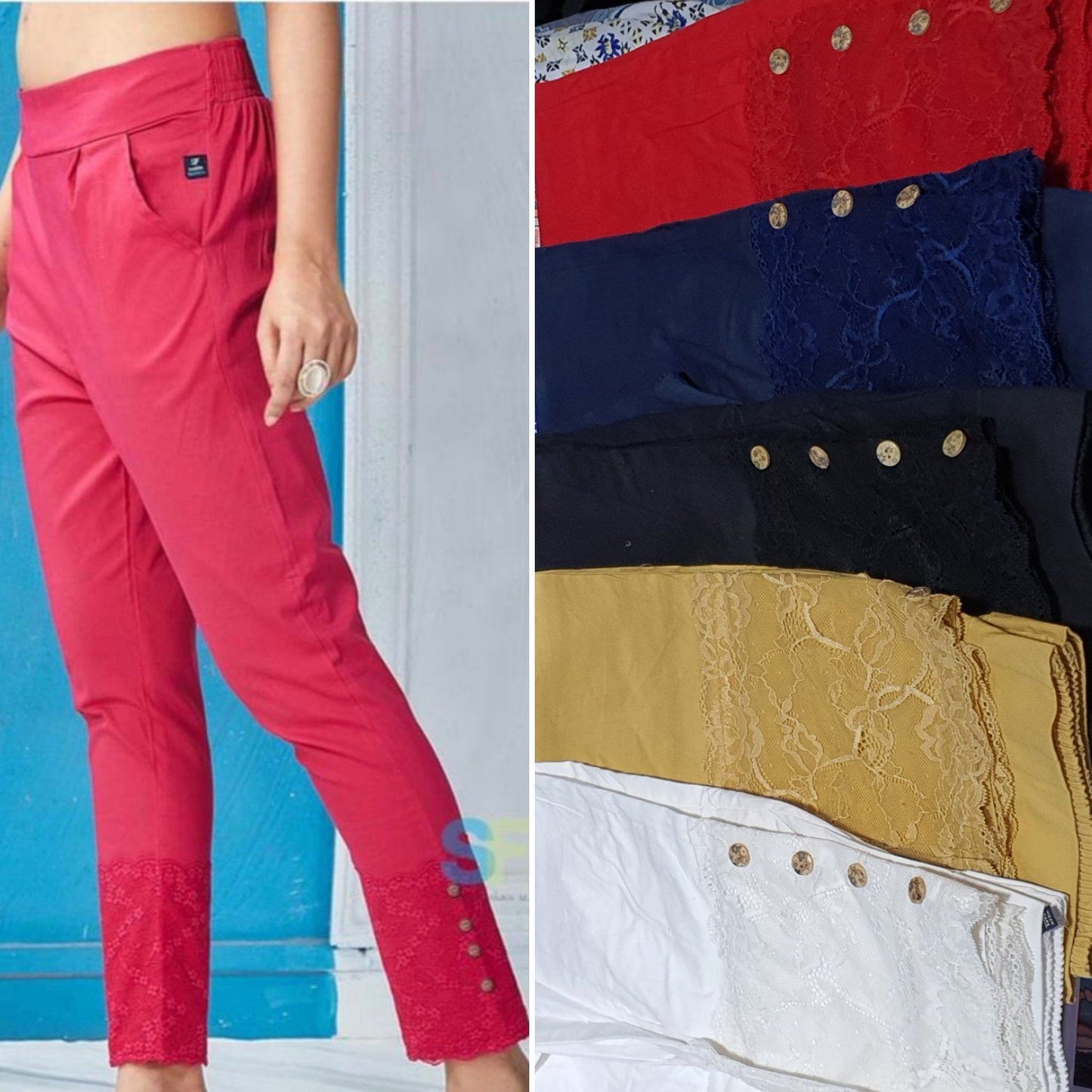 Designer Lace Cotton Lycra Pants in 5 colors Cotton Lycra Pants Shopindiapparels.com