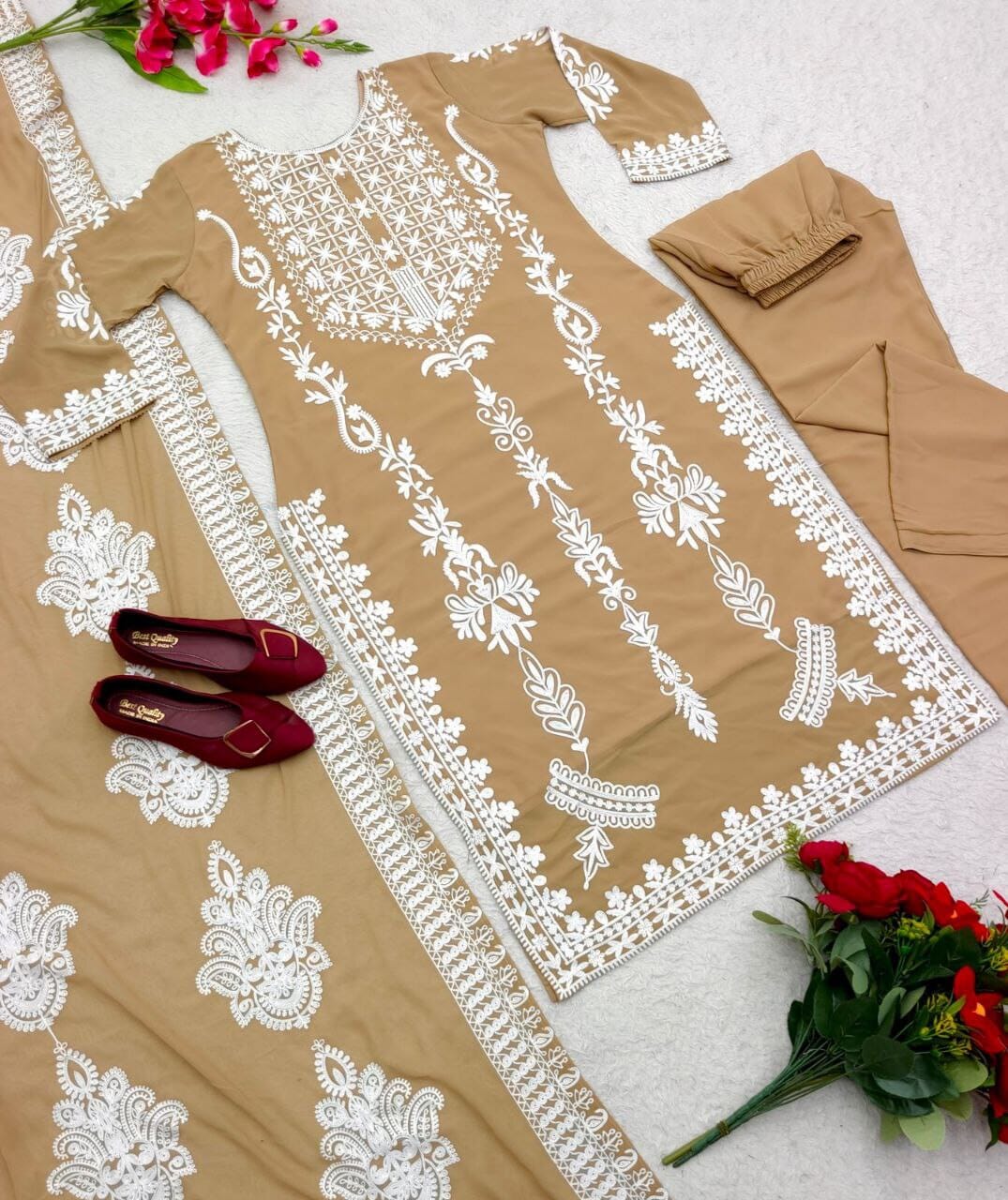 Faux Georgette Designer Full Sleeves Top with Embroidery work Dupatta and Bottom Kurti with Dupatta and Bottom Shopin Di Apparels