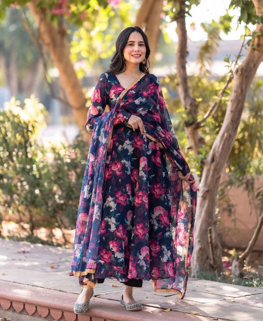 Faux Georgette Printed Gown with Dupatta and Pant Gown with Dupatta Shopin Di Apparels