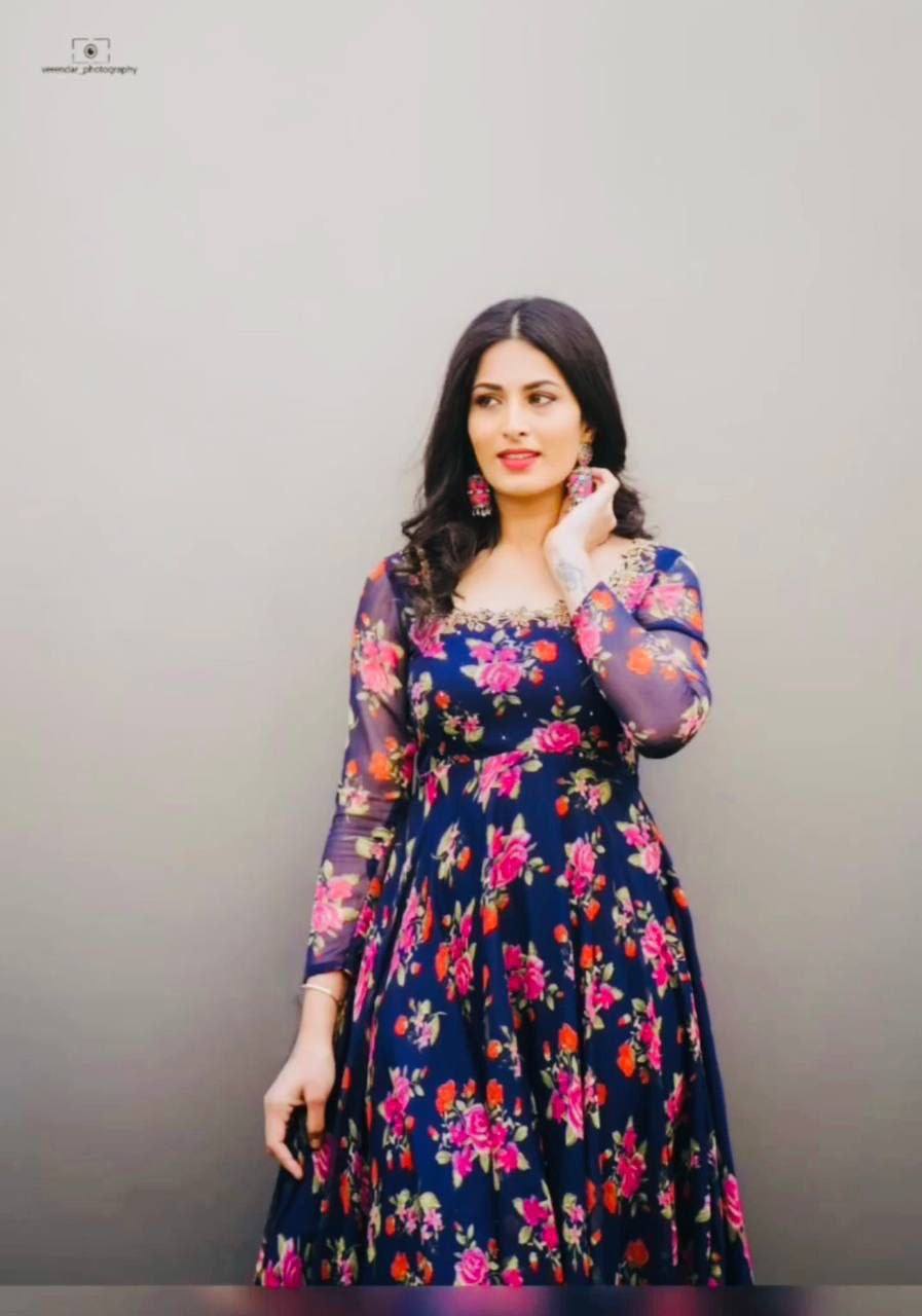 Floral Digital Printed Georgette Gown with embroidery work gown Shopindiapparels.com