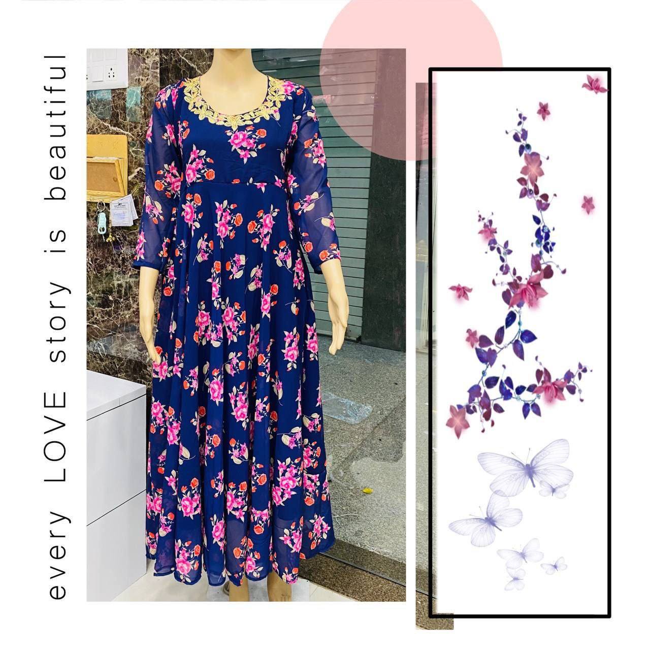 Floral Digital Printed Georgette Gown with embroidery work gown Shopindiapparels.com