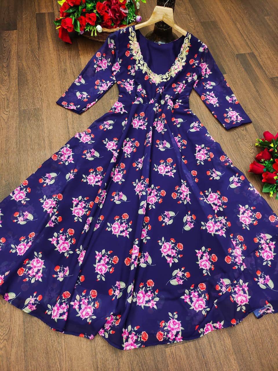 Floral Digital Printed Georgette Gown with embroidery work gown Shopindiapparels.com