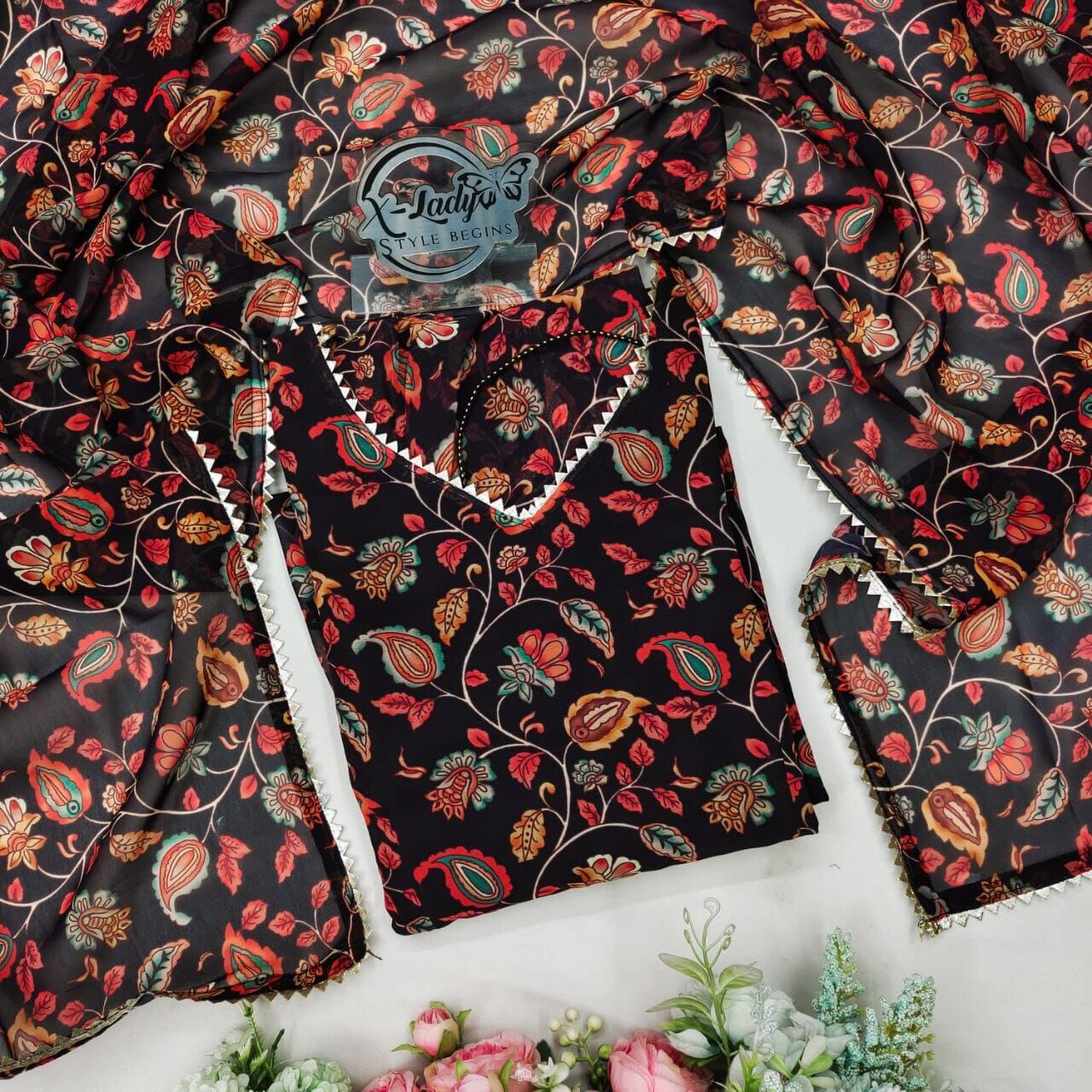 Flower Print Maxi Georgette Gown with Dupatta Gown shopindi.sg