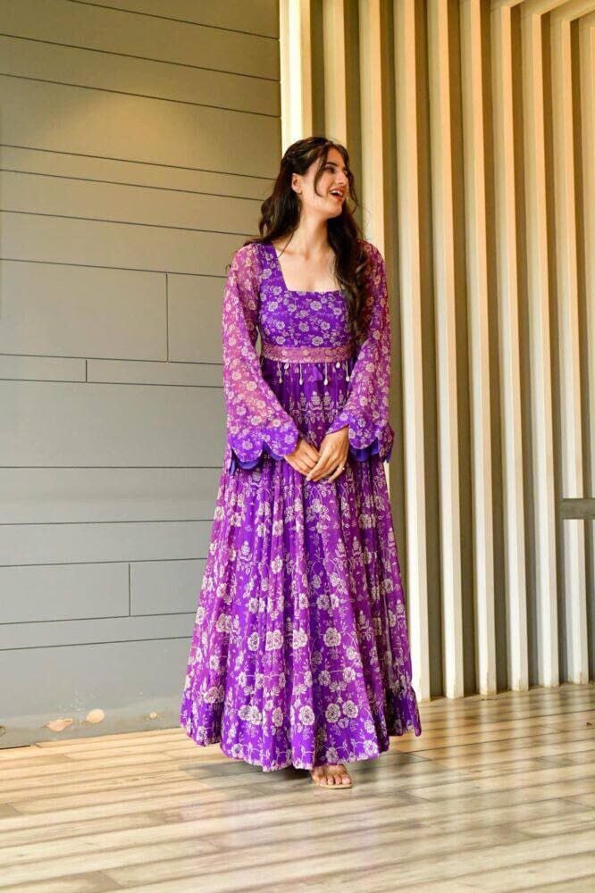 Georgette Purple Belt Dress Designer Maxi Gown with baloon sleeves Designer Gowns Shopin Di Apparels