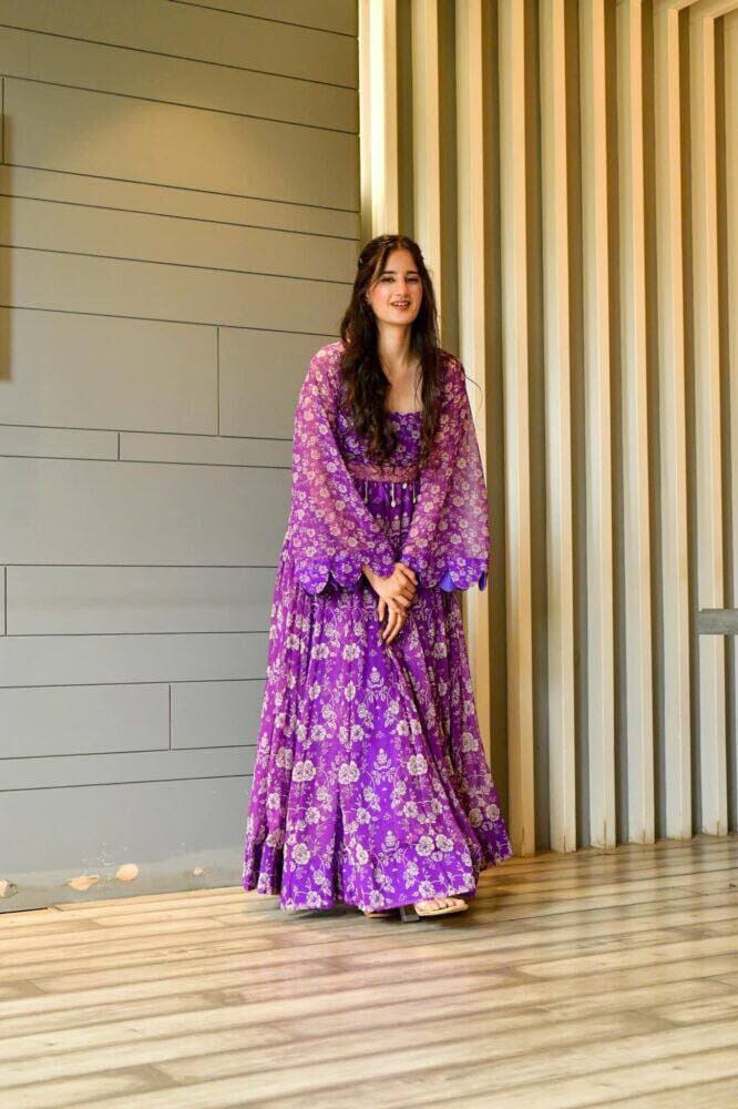 Georgette Purple Belt Dress Designer Maxi Gown with baloon sleeves Designer Gowns Shopin Di Apparels