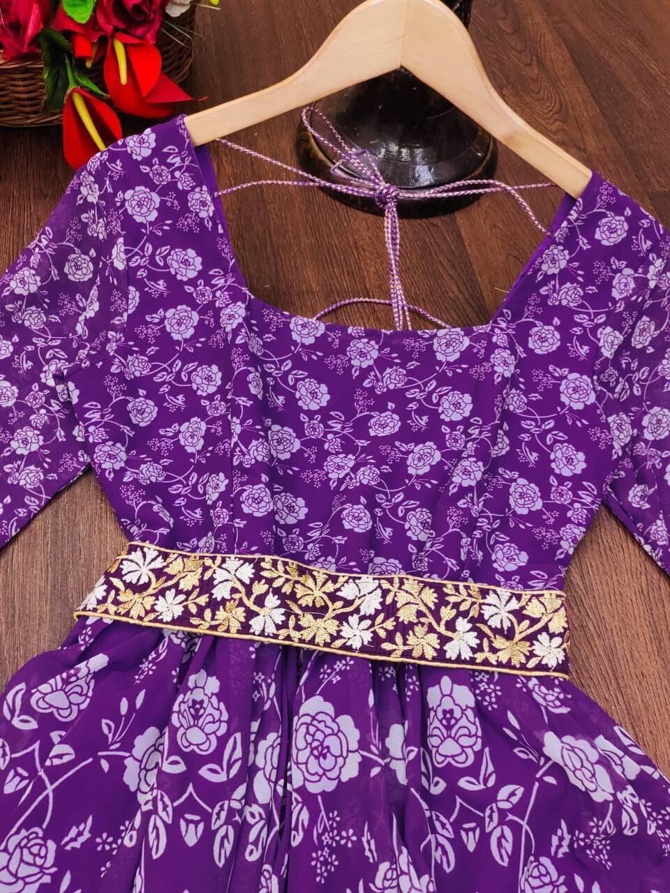 Georgette Purple Belt Dress Designer Maxi Gown with baloon sleeves Designer Gowns Shopin Di Apparels
