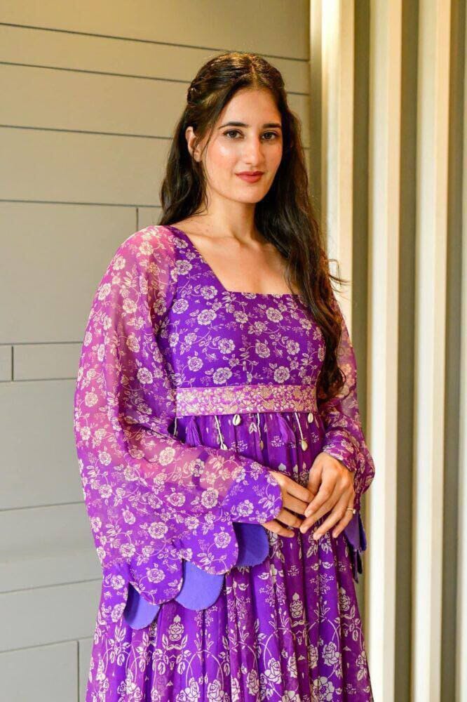 Georgette Purple Belt Dress Designer Maxi Gown with baloon sleeves Designer Gowns Shopin Di Apparels