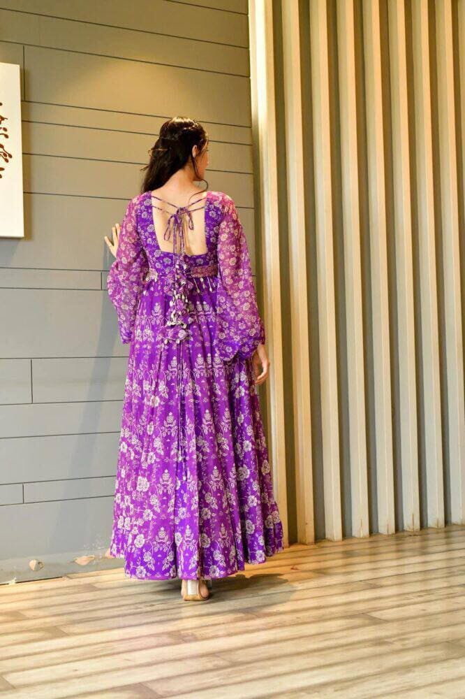 Georgette Purple Belt Dress Designer Maxi Gown with baloon sleeves Designer Gowns Shopin Di Apparels