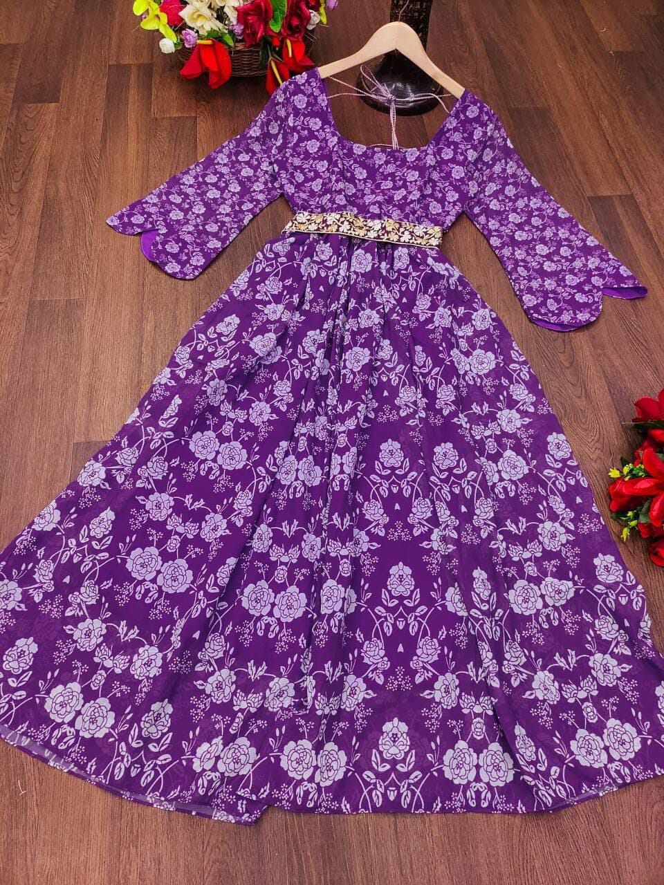 Georgette Purple Belt Dress Designer Maxi Gown with baloon sleeves Designer Gowns Shopin Di Apparels