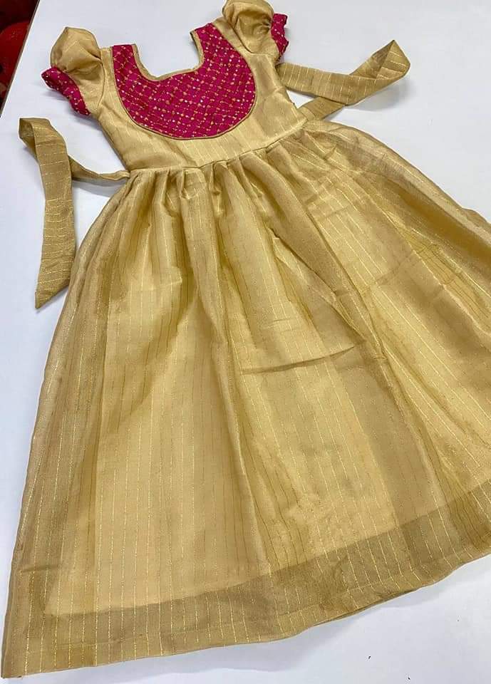 Gold Designer Kid's Uppada Cotton Gown with Embroidery Work Kid's Gown Shopindiapparels.com