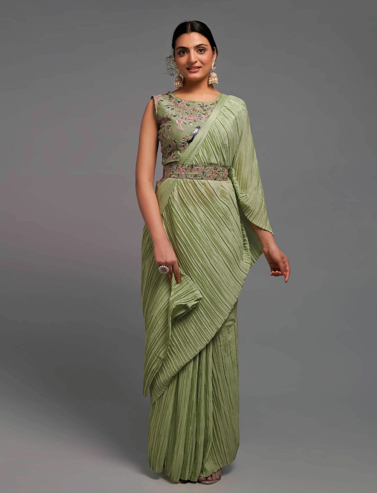 Green Crush Chinon saree with heavy multi sequins work blouse and Qamar belt Designer Saree Shopin Di Apparels