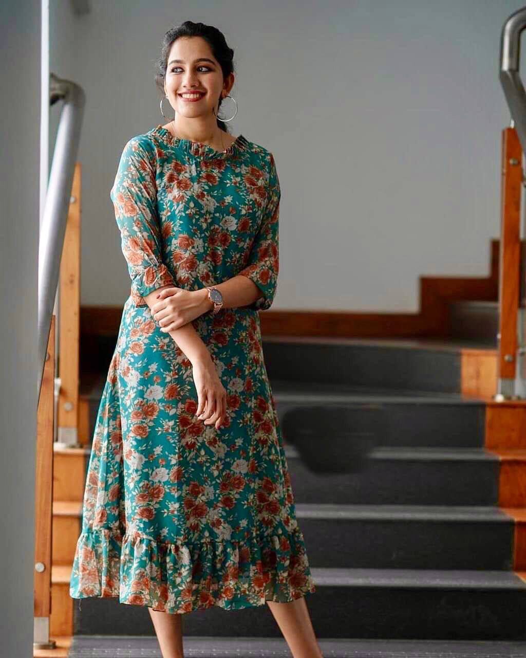 Green Georgette A-Line Floral Midi Dress Kurti Gown shopindi.sg