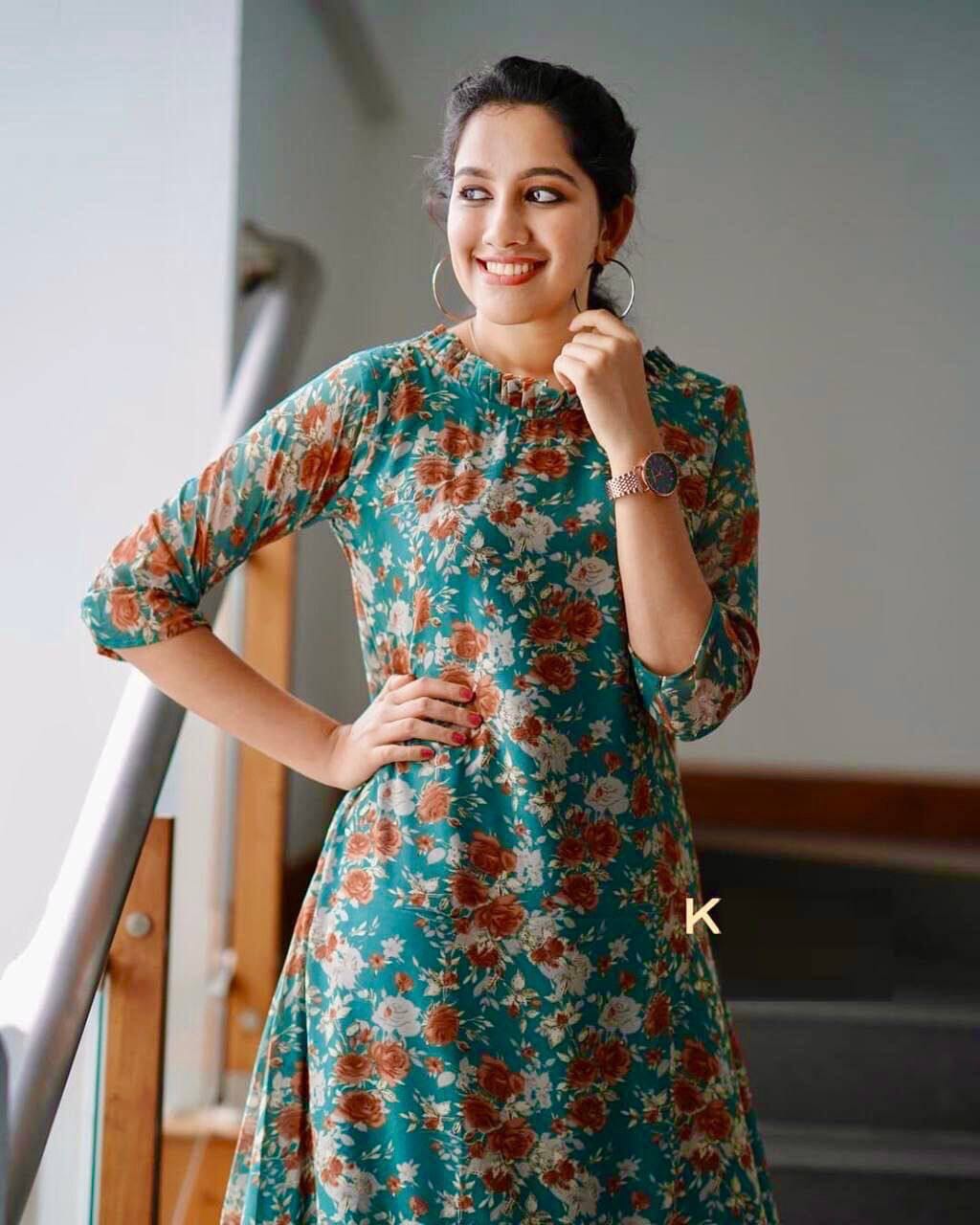 Green Georgette A-Line Floral Midi Dress Kurti Gown shopindi.sg