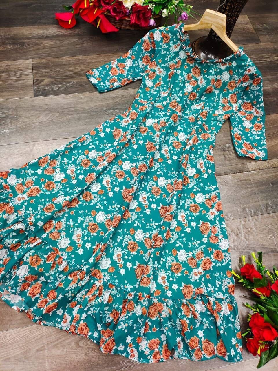 Green Georgette A-Line Floral Midi Dress Kurti Gown shopindi.sg
