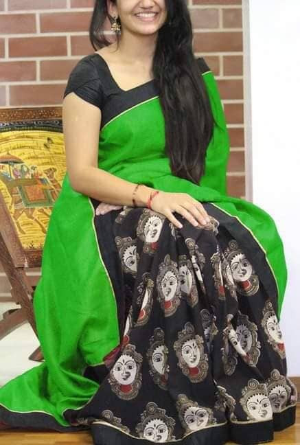 Green Kalamkari Goddess Printed Half Saree Style Bhagalpuri Cotton Saree With Plain Blouse Saree Shopin Di Apparels