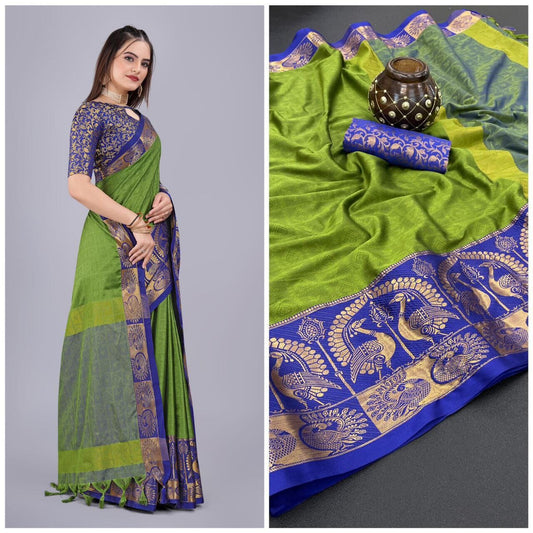 Green Royal Blue Cotton Silk Saree with Jacquard Blouse Silk Cotton Saree Shopin Di Apparels