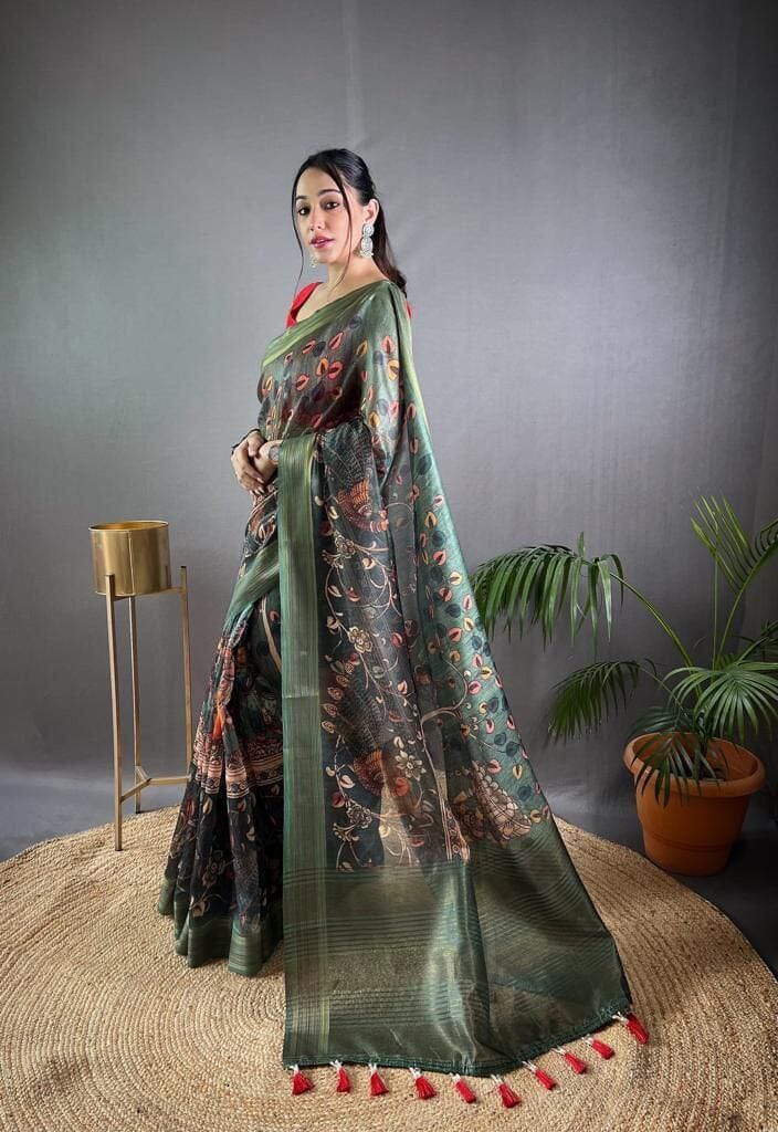 Green Soft Kashmiri Pashmina silk weaving saree with Kalamkari Digital print Shopin Di Apparels