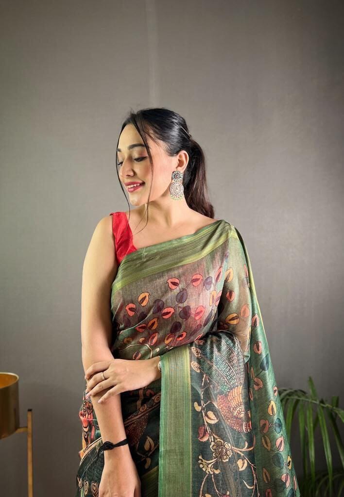 Green Soft Kashmiri Pashmina silk weaving saree with Kalamkari Digital print Shopin Di Apparels