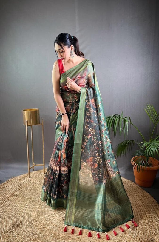 Green Soft Kashmiri Pashmina silk weaving saree with Kalamkari Digital print Shopin Di Apparels