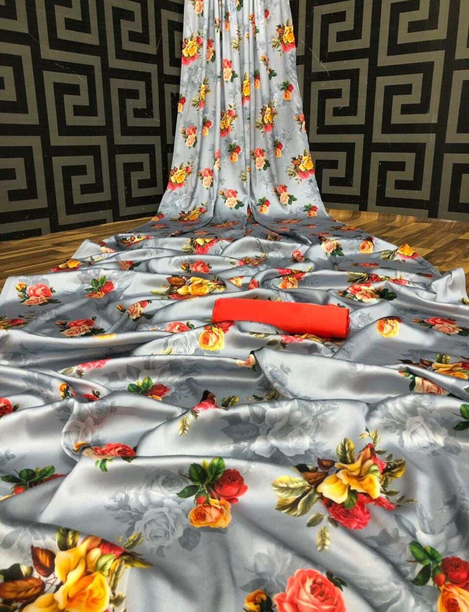 Grey Floral Digital printed Japan Satin Saree with Satin Blouse Satin Saree Shopin Di Apparels