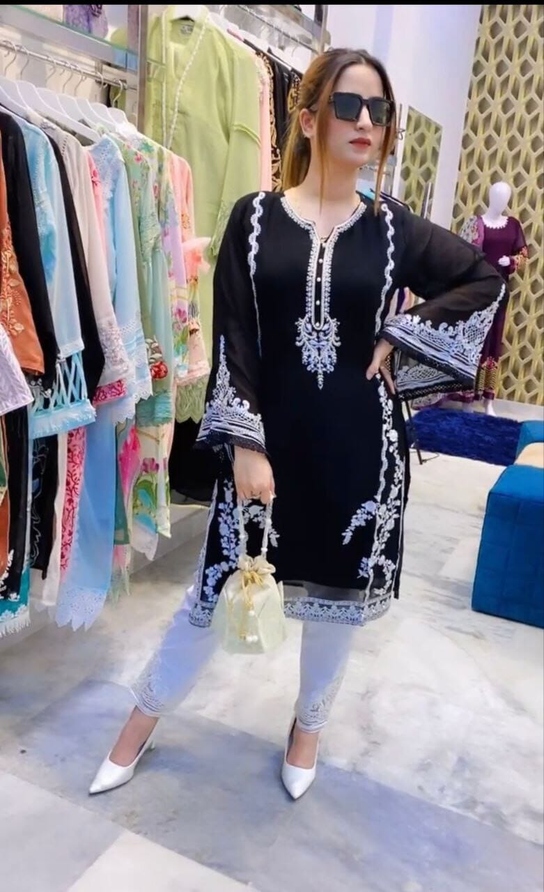 Heavy Pakistani Georgette Top with Palazzo Set in 6 colors Kurti and Pant Shopin Di Apparels