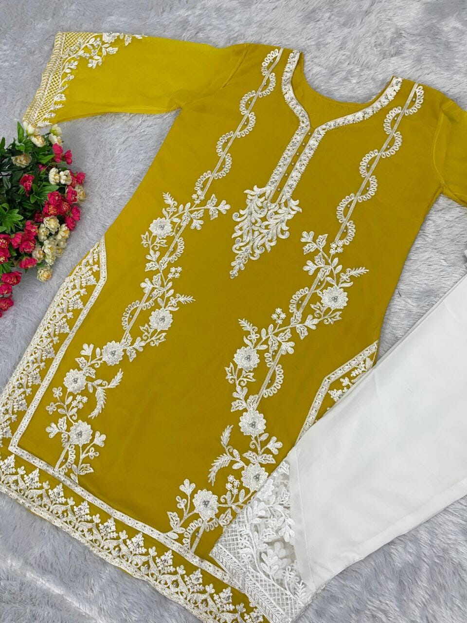 Heavy Pakistani Georgette Top with Palazzo Set in 6 colors Kurti and Pant Shopin Di Apparels