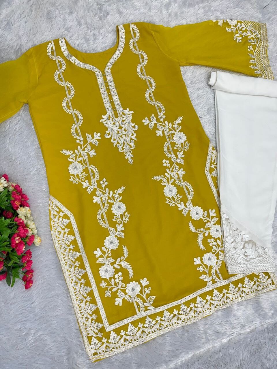 Heavy Pakistani Georgette Top with Palazzo Set in 6 colors Kurti and Pant Shopin Di Apparels Mustard