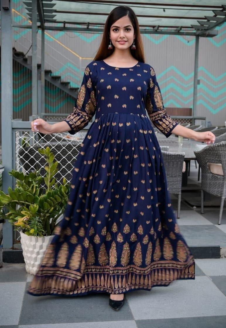 Heavy Rayon Gown with Gold Print Gowns Shopindiapparels.com
