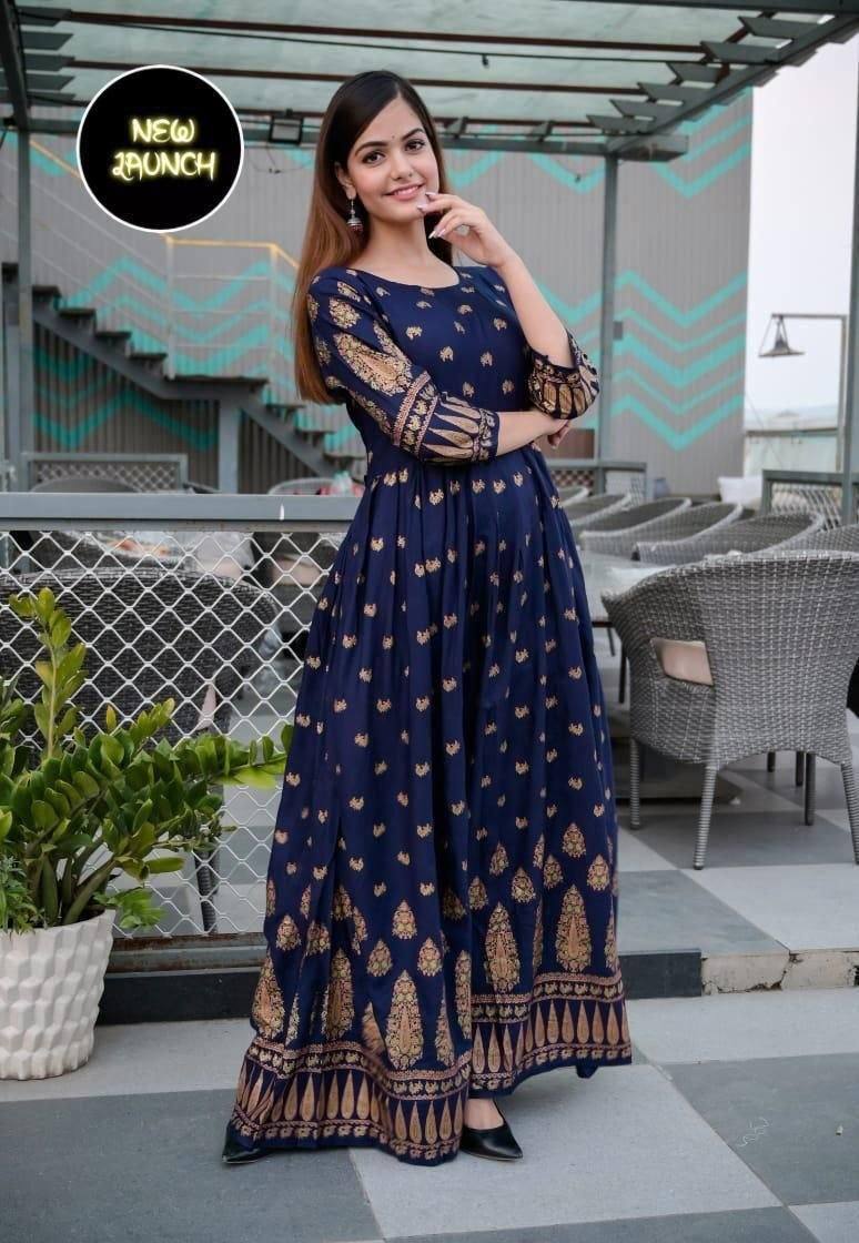 Heavy Rayon Gown with Gold Print Gowns Shopindiapparels.com