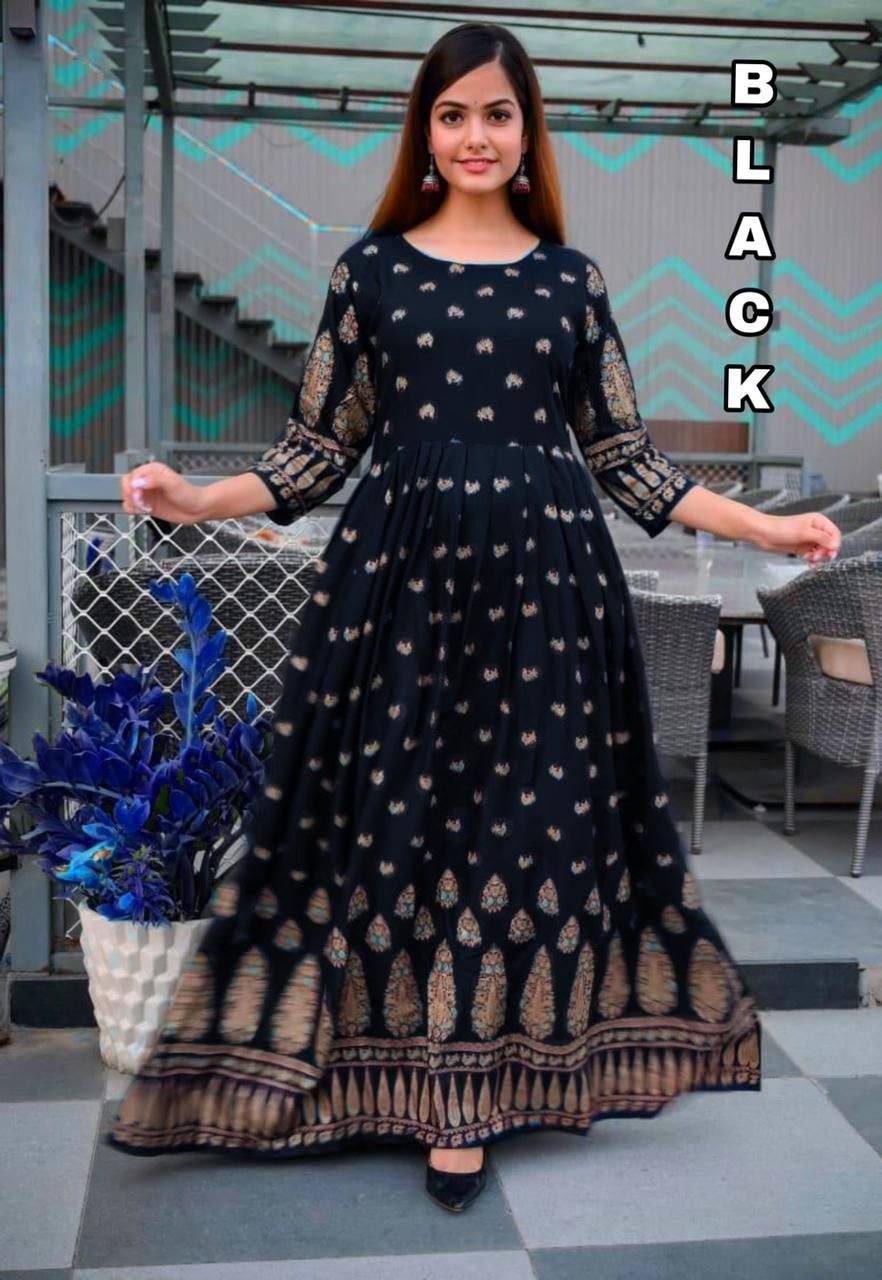 Heavy Rayon Gown with Gold Print Gowns Shopindiapparels.com