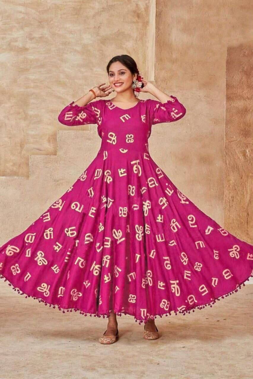 Heavy Rayon Tamil Letters Foil Printed Gown in 6 colors Kurti shopindi.sg