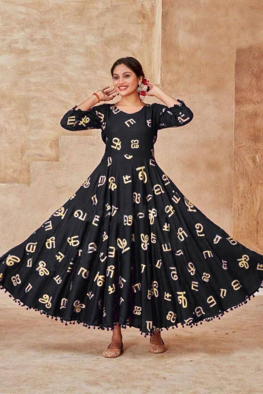 Heavy Rayon Tamil Letters Foil Printed Gown in 6 colors Kurti shopindi.sg