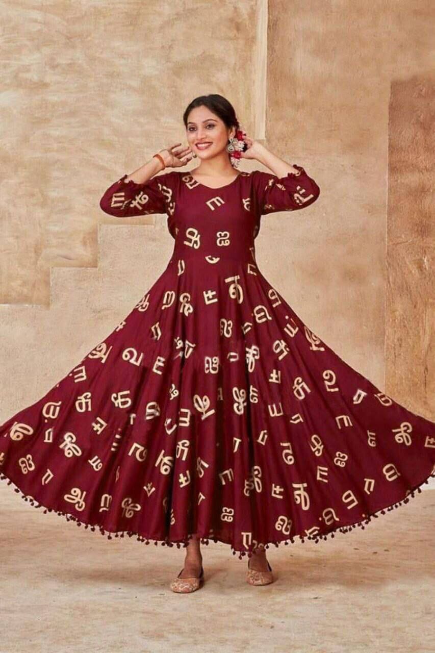 Heavy Rayon Tamil Letters Foil Printed Gown in 6 colors Kurti shopindi.sg