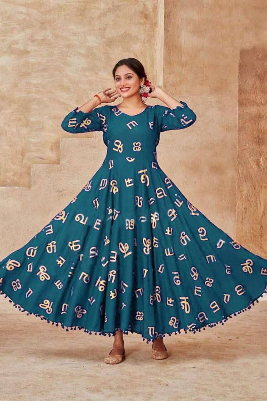 Heavy Rayon Tamil Letters Foil Printed Gown in 6 colors Kurti shopindi.sg