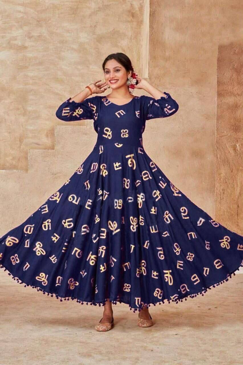 Heavy Rayon Tamil Letters Foil Printed Gown in 6 colors Kurti shopindi.sg