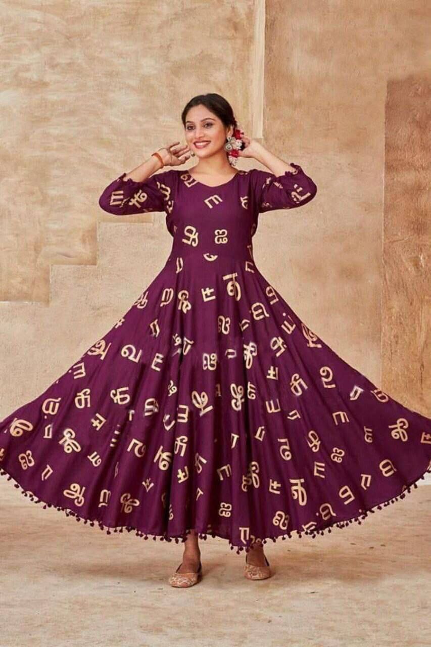Heavy Rayon Tamil Letters Foil Printed Gown in 6 colors Kurti shopindi.sg