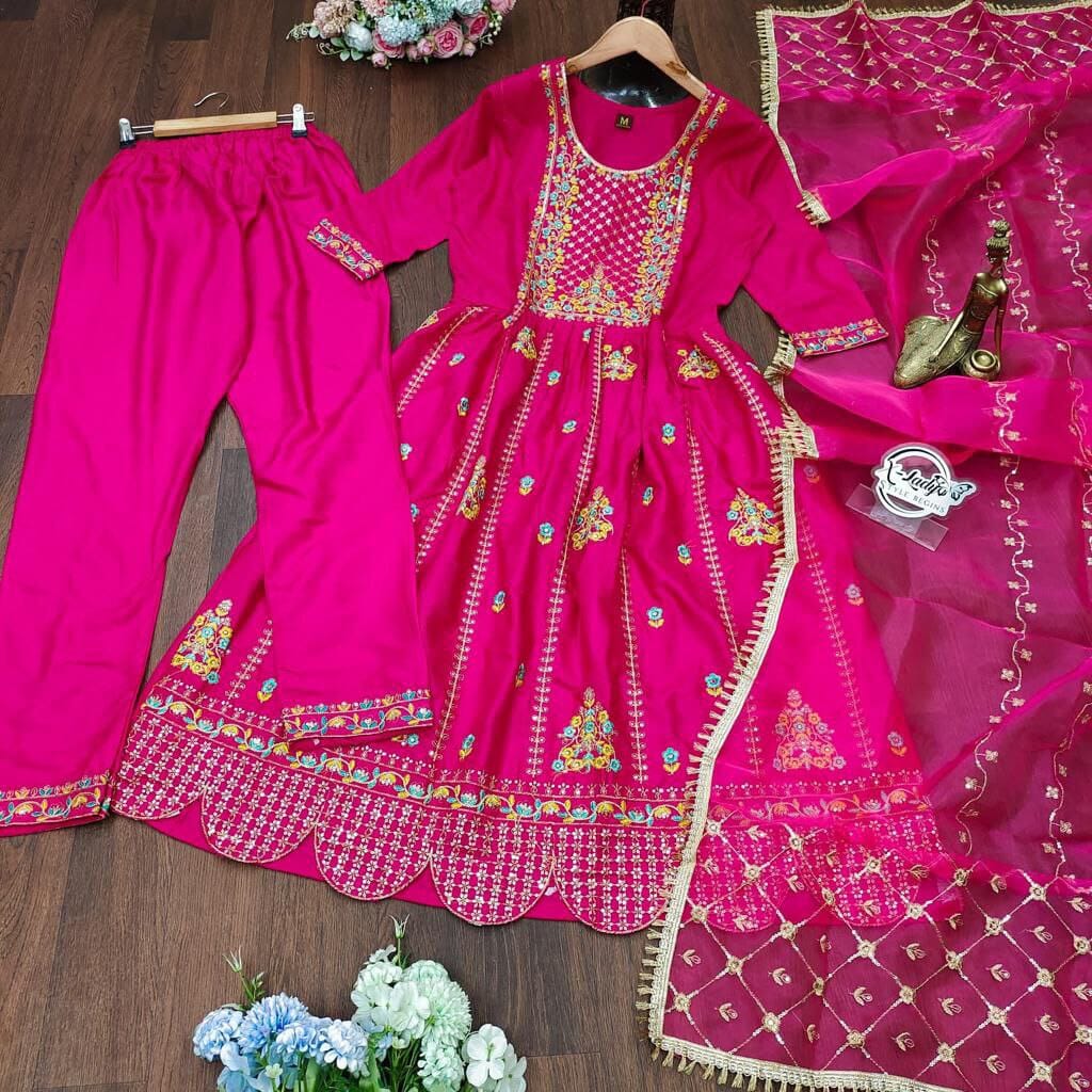 Hot Pink Sequence Work Gown with Dupatta and Plazzo Gown with Dupatta Shopin Di Apparels