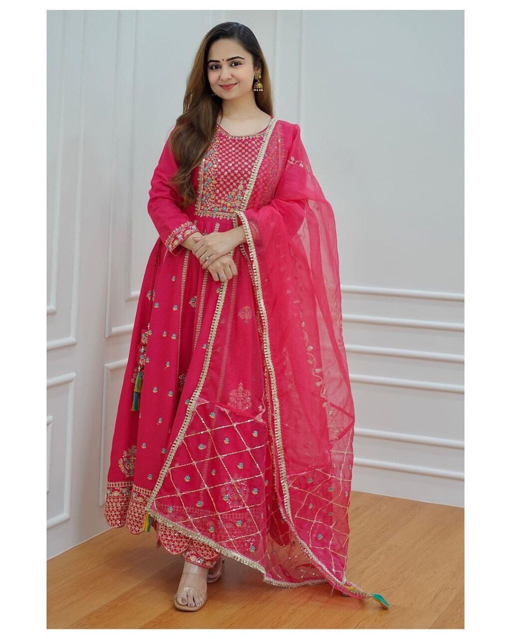 Hot Pink Sequence Work Gown with Dupatta and Plazzo Gown with Dupatta Shopin Di Apparels