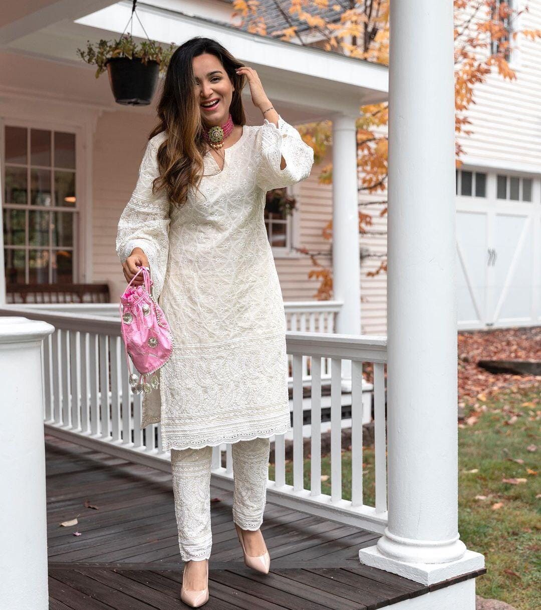 Hotselling Designer Shiffli work Cotton Bell Sleeve Kurti and Pant Set Kurti with Pant Shopindiapparels.com