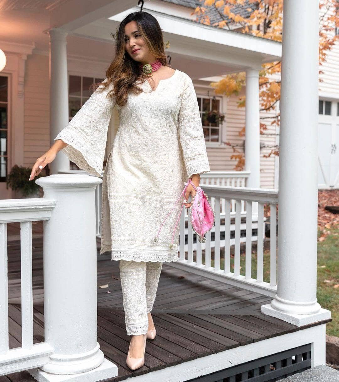Hotselling Designer Shiffli work Cotton Bell Sleeve Kurti and Pant Set Kurti with Pant Shopindiapparels.com