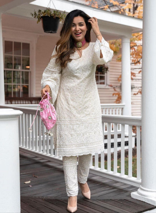 Hotselling Designer Shiffli work Cotton Bell Sleeve Kurti and Pant Set Kurti with Pant Shopindiapparels.com