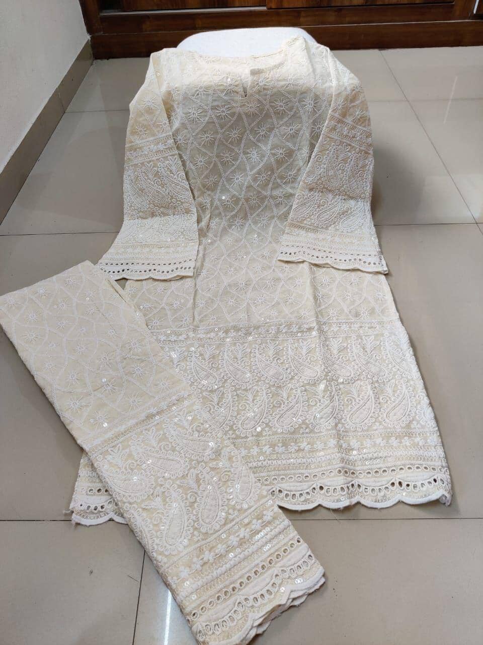 Hotselling Designer Shiffli work Cotton Bell Sleeve Kurti and Pant Set Kurti with Pant Shopindiapparels.com