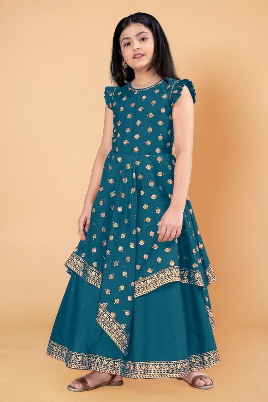 Kid's Gown Beautiful foil print and attached belt in 6 colors Kid's Gown Shopin Di Apparels